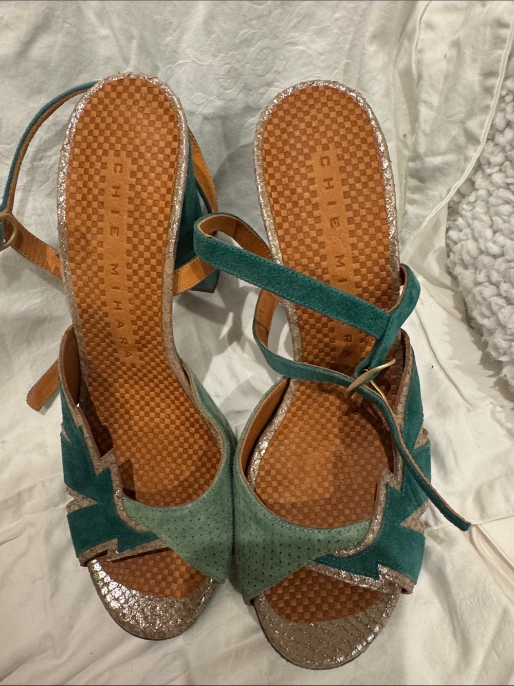 Chie Mihara Teal Suede Metallic-Trim Sandals size 38/ US 8 never worn